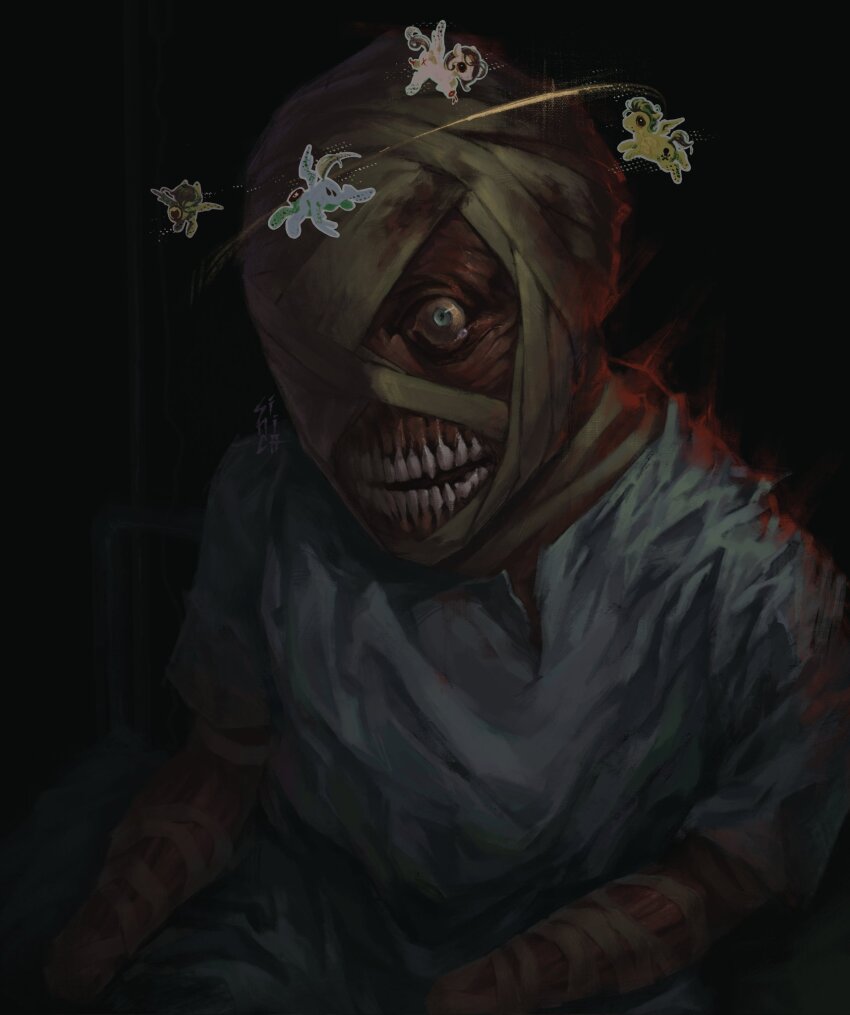 1boy amputee backlighting bandaged_arm bandaged_head bandages black_background blood blood_on_clothes bloody_bandages blue_eyes curly_(mouthwashing) curly_(post-crash)_(mouthwashing) dizzy double_amputee eyeball hands_on_lap highres horse hospital_gown male_focus mouthwashing one_eye_covered red_light skinned slouching solo teeth tomtit_bird torn_clothes upper_body wide-eyed