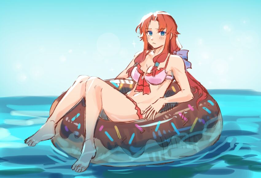 1girl absurdres alternate_costume bare_legs barefoot bikini blue_bow blue_eyes blue_sky blurry blush bokeh bow breasts cleavage closed_mouth commentary day depth_of_field donut_print eiyuu_densetsu embarrassed english_commentary food_print frilled_bikini frills frown full_body furrowed_brow hair_bow hair_tubes highres innertube knees_together_feet_apart leorlontyan long_hair looking_at_viewer medium_breasts navel ocean orange_hair outdoors parted_bangs pink_bikini ries_argent sidelocks sky soaking_feet solo sora_no_kiseki stomach swim_ring swimsuit