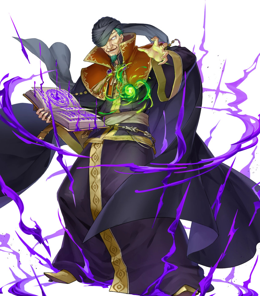 1boy attack beard black_robe black_turban book facial_hair fire_emblem fire_emblem:_the_blazing_blade fire_emblem_heroes grey_hair hat_over_one_eye highres holding holding_book nergal_(fire_emblem) nintendo non-web_source official_art old old_man open_book parted_lips robe smile solo turban