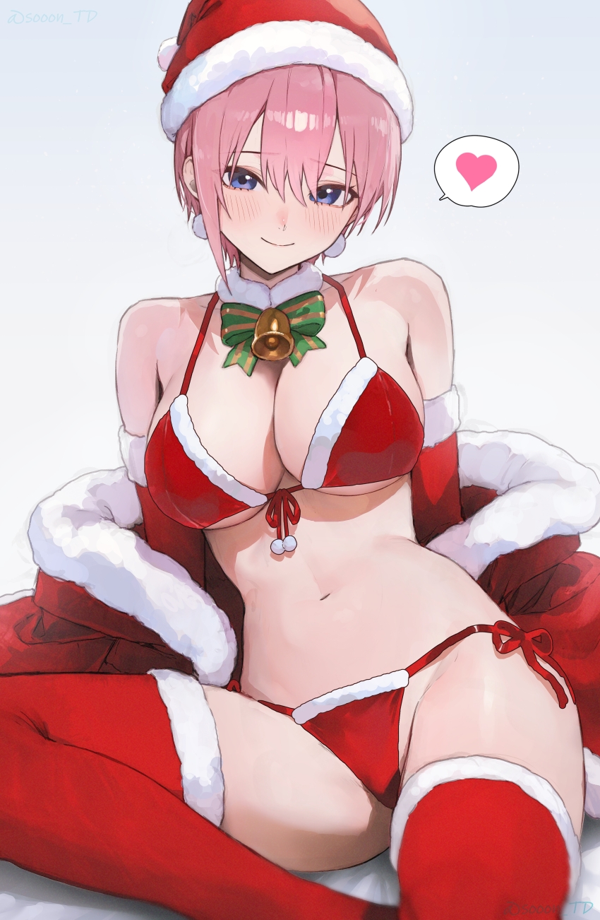 1girl absurdres bare_shoulders bell bikini blue_eyes blush breasts christmas cleavage closed_mouth coat collarbone earrings elbow_gloves fur_collar gloves go-toubun_no_hanayome groin hair_between_eyes hat heart highres jewelry jingle_bell large_breasts looking_at_viewer merry_christmas nakano_ichika navel pink_hair red_bikini ribbon santa_bikini santa_bra santa_costume santa_hat short_hair simple_background sitting smile solo sooon spoken_heart stomach swimsuit thighhighs underboob unworn_coat white_background