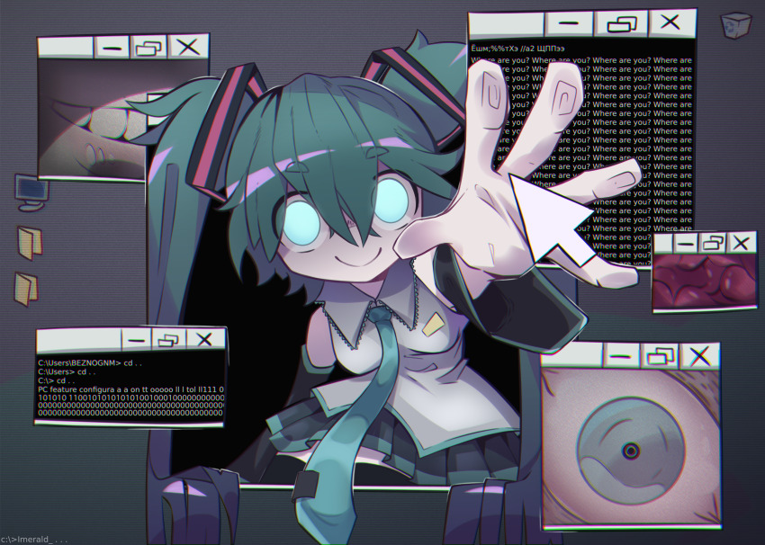 1girl absurdres blue_eyes blue_hair closed_mouth computer cursor desktop_(computing) english_text eye_focus glowing glowing_eyes grey_shirt hair_ornament hatsune_miku highres imerald lips long_hair looking_at_viewer monitor necktie shirt skirt smile solo teeth thighhighs twintails vocaloid window_(computing)