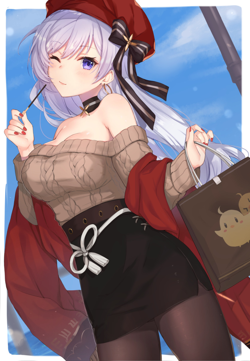 1girl ;) aran_sweater azur_lane belfast_(azur_lane) belfast_(shopping_with_the_head_maid)_(azur_lane) beret black_bow black_skirt blue_sky blush bow breasts brown_pantyhose brown_sweater cable_knit cleavage closed_mouth cloud commentary_request day earrings female_focus fingernails food hat head_tilt highres holding holding_food hoop_earrings jewelry kon_(k0n16) large_breasts long_hair long_sleeves nail_polish off-shoulder_sweater off_shoulder one_eye_closed pantyhose pocky purple_eyes purple_hair red_hat red_nails skirt sky sleeves_past_wrists smile solo striped_bow sweater very_long_hair