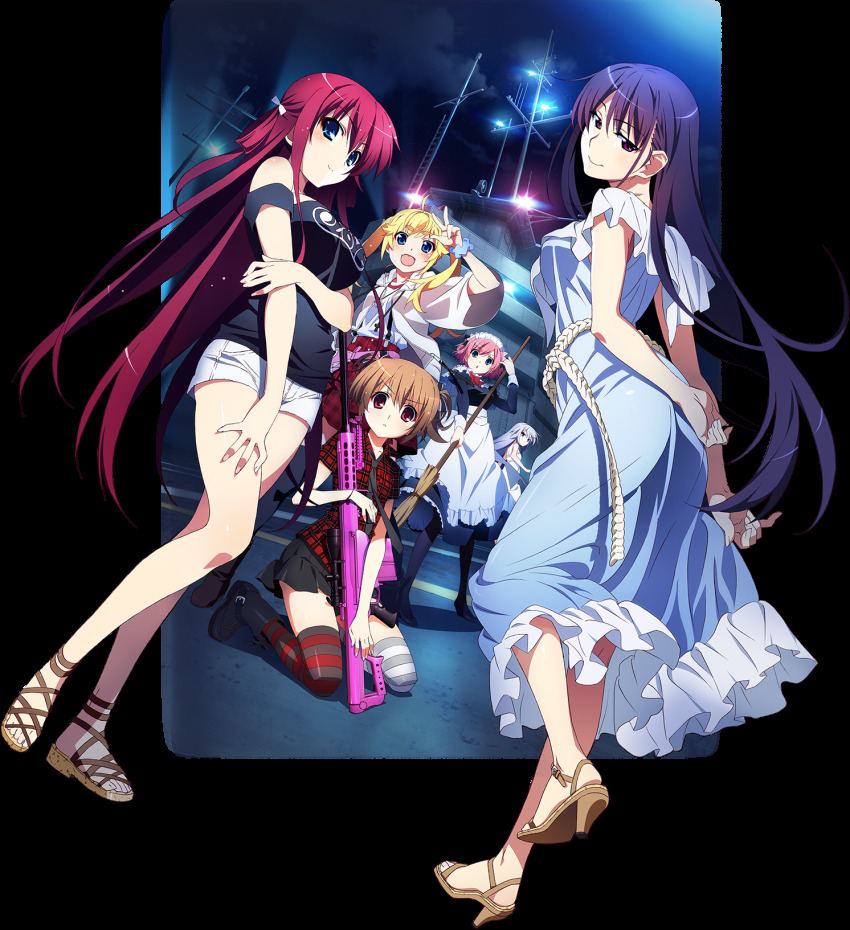 :d anti-materiel_rifle apron asymmetrical_legwear barrett_m82 blonde_hair blue_eyes boots breasts broom brown_hair denim denim_shorts dress frontwing fumio_(ura_fmo) grisaia_(series) grisaia_no_kajitsu grisaia_no_rakuen gun highres irisu_makina kazami_kazuki key_visual kneeling komine_sachi large_breasts legs long_hair long_legs looking_at_viewer maid maid_apron maid_headdress matsushima_michiru medium_breasts mismatched_legwear mismatched_thighhighs multiple_girls official_art open_mouth pantyhose pink_hair promotional_art purple_eyes red_hair rifle sakaki_yumiko sandals scope shorts silver_hair skirt smile sniper_rifle striped_legwear sundress suou_amane tagme thighhighs twintails watanabe_akio weapon