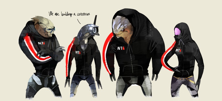 1girl 3boys arlmuffin bad_id bad_pixiv_id clothed_robot cropped_legs crossed_arms english_text garrus_vakarian geth grunt_(mass_effect) helmet hood hoodie krogan legion_(mass_effect) mass_effect_(series) mass_effect_2 multiple_boys n7_armor quarian robot scouter tali&#039;zorah turian