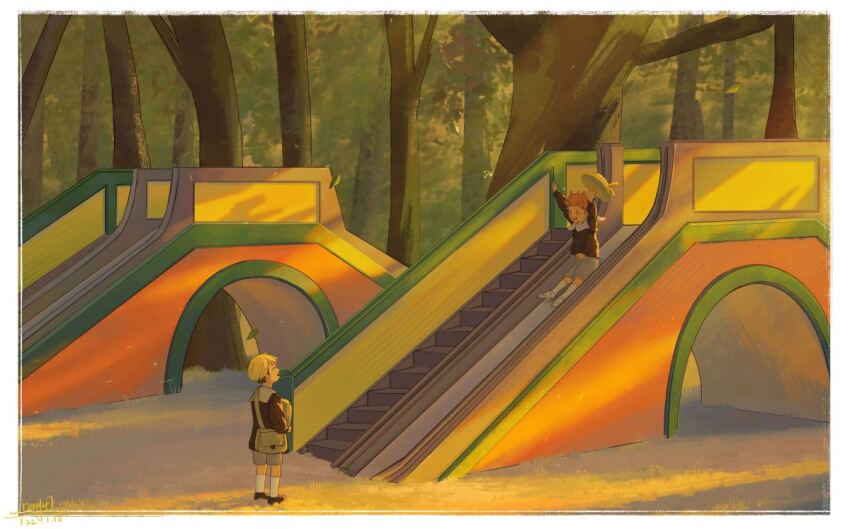 2boys ^_^ aged_down arms_up bag black_footwear black_hair black_shirt black_sleeves blonde_hair border child chinese_commentary closed_eyes collar collared_shirt commentary_request dappled_sunlight dated forest full_body green_bag grey_shorts haikyuu!! happy hat hat_loss hat_ribbon hinata_shouyou light_particles loafers long_sleeves looking_at_another midriff_peek miya_atsumu multicolored_hair multiple_boys nature open_mouth orange_eyes orange_hair outdoors over-kneehighs playground ribbon sanshui_guantang shirt shoes short_hair shorts shoulder_bag signature sitting slide smile socks standing sunlight sunset teeth thighhighs two-tone_hair upper_teeth_only white_border white_collar white_footwear white_socks yellow_hat yellow_ribbon
