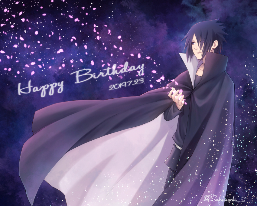 1boy black_cloak black_eyes black_hair black_pants black_shirt cloak closed_mouth dated english_text happy_birthday highres long_sleeves looking_to_the_side male_focus mochiii-s naruto_(series) naruto_shippuuden pants petals shirt short_hair smile solo twitter_username uchiha_sasuke