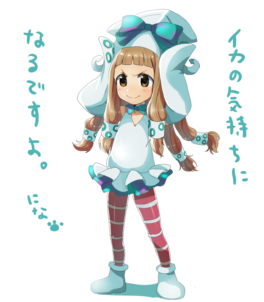 &gt;:) 1girl animal_costume blush bow brown_eyes brown_hair cosplay elbow_gloves female_focus full_body gloves gutn hair_tubes hands_on_own_head hat highres ichihara_nina idolmaster idolmaster_cinderella_girls kigurumi long_hair miniskirt pantyhose pink_pantyhose simple_background skirt smile solo squid_costume standing striped_clothes striped_pantyhose v-shaped_eyebrows white_background