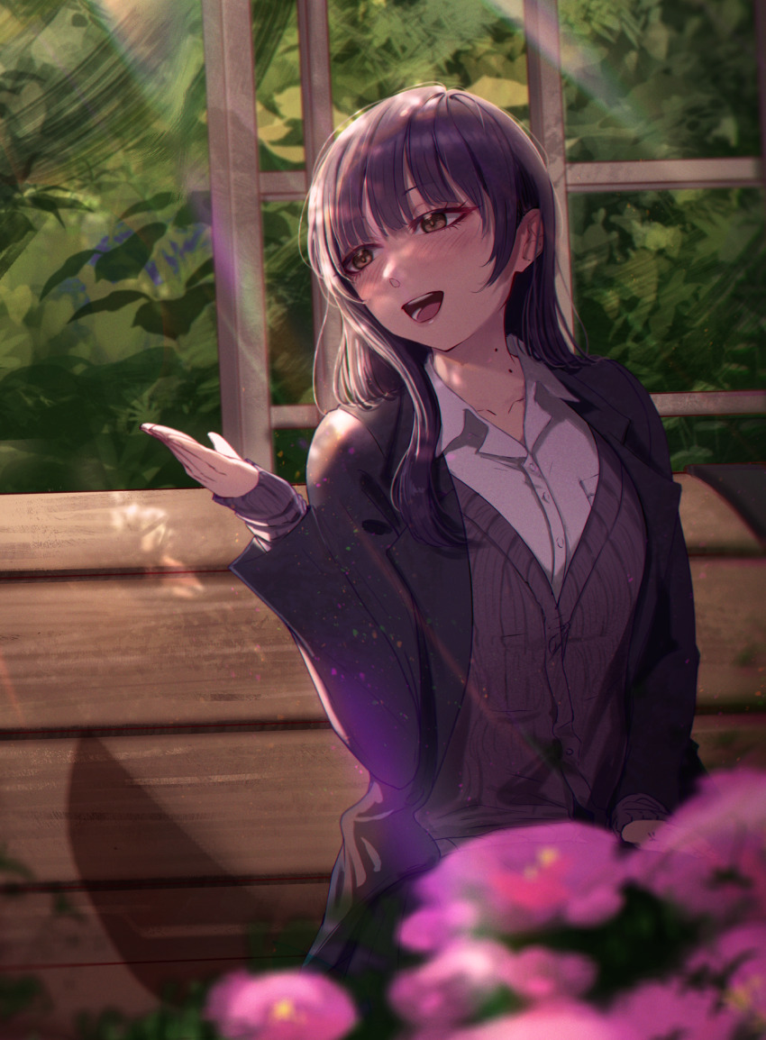 1girl blush boku_no_kokoro_no_yabai_yatsu brown_eyes cardigan collared_shirt flower highres jacket long_hair mole mole_on_neck multiple_moles on_floor open_clothes open_jacket open_mouth purple_cardigan purple_jacket samlooop school_uniform shirt sitting solo white_shirt wooden_floor yamada_anna