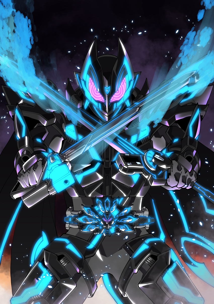 1boy absurdres amakawa_mayu armor black_armor black_background blue_background bodysuit boost_mark_ix_buckle cape commentary_request rider_belt dual_wielding flaming_eye fox_mask glowing glowing_eyes glowing_weapon helmet highres holding holding_sword holding_weapon kamen_rider kamen_rider_geats_(series) kamen_ruder_cross_geats light_particles male_focus mask neon_trim purple_eyes rider_belt solo sword thighs tokusatsu weapon