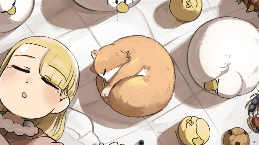 1girl bird blonde_hair cat chicken chocolate_chip_cookie closed_eyes commentary cookie curled_up diva_(hyxpk) duck duckling english_commentary food highres little_nuns_(diva) long_hair sleeping spicy_nun_(diva)