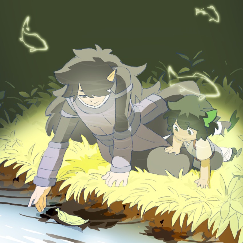 2boys 55bata6rou animal_ears black_hair black_pants cat_boy cat_ears child fengxi_(the_legend_of_luoxiaohei) fish flying_fish full_body grass hand_on_another&#039;s_leg highres long_hair long_sleeves looking_down luo_xiaohei luo_xiaohei_(human) luo_xiaohei_zhanji male_focus multiple_boys outdoors pants paper_boat river see-through_body short_hair short_sleeves smile water