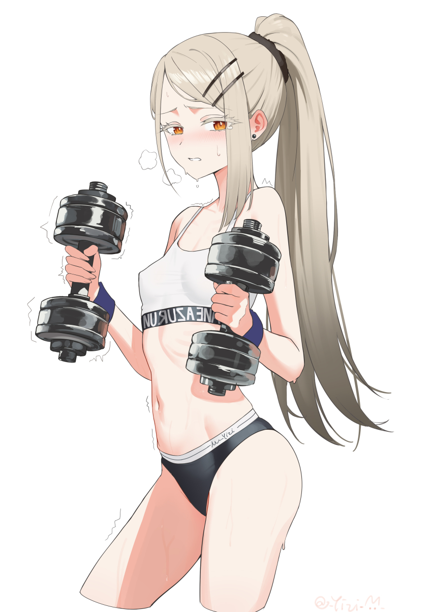 1girl absurdres black_sports_panties blush breasts commentary_request covered_erect_nipples derivative_work double_dumbbell_pose_(han-0v0) dumbbell earrings gakuen_idolmaster grey_hair high_ponytail highres holding holding_dumbbell idolmaster jewelry long_hair navel orange_eyes ponytail shinosawa_hiro small_breasts solo sports_bra sports_panties stomach thighs very_long_hair white_sports_bra yizi_(yizi_official)