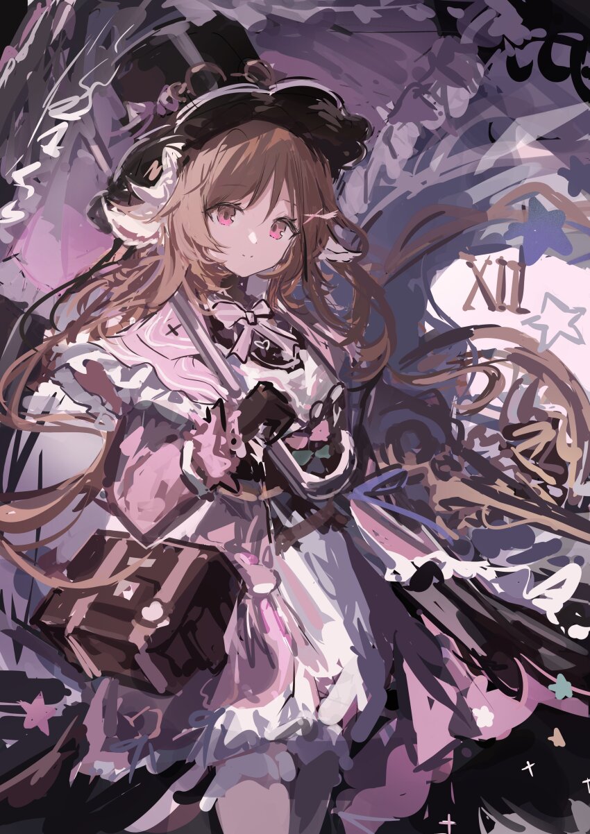 1girl absurdres animal_ears arknights black_gloves black_hat bow bowtie brown_bag brown_hair dot_nose dress eyjafjalla_(fluffy_little_witch)_(arknights) gloves hair_spread_out hat highres holding holding_umbrella horns laoshi_wo_hao_e long_hair long_sleeves looking_at_viewer parasol pink_bow pink_bowtie pink_dress pink_eyes sanrio sheep_ears sheep_girl sheep_horns smile solo split_mouth star_(symbol) top_hat umbrella white_horns