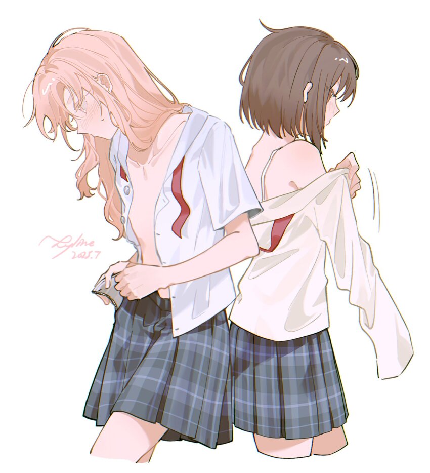 1girl 1other akiyama_mizuki black_skirt blush bow bowtie bra_strap brown_hair dressing hair_down highres kyline long_hair long_sleeves pink_hair plaid_clothes plaid_skirt pleated_skirt project_sekai red_bow red_bowtie school_uniform shinonome_ena shirt short_hair short_sleeves simple_background skirt unbuttoned unbuttoned_shirt undone_bowtie white_background white_shirt