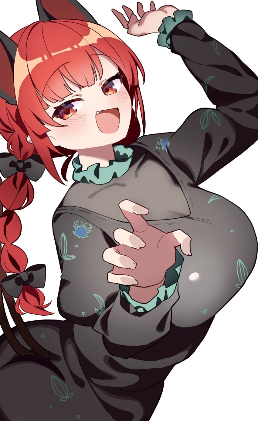 1girl :d animal_ears black_dress blunt_bangs blush braid breasts cat_ears cat_girl commentary dress extra_ears fang highres huge_breasts kaenbyou_rin long_hair long_sleeves looking_at_viewer open_mouth patterned_clothing red_eyes red_hair sakaki_(utigi) simple_background smile solo touhou white_background