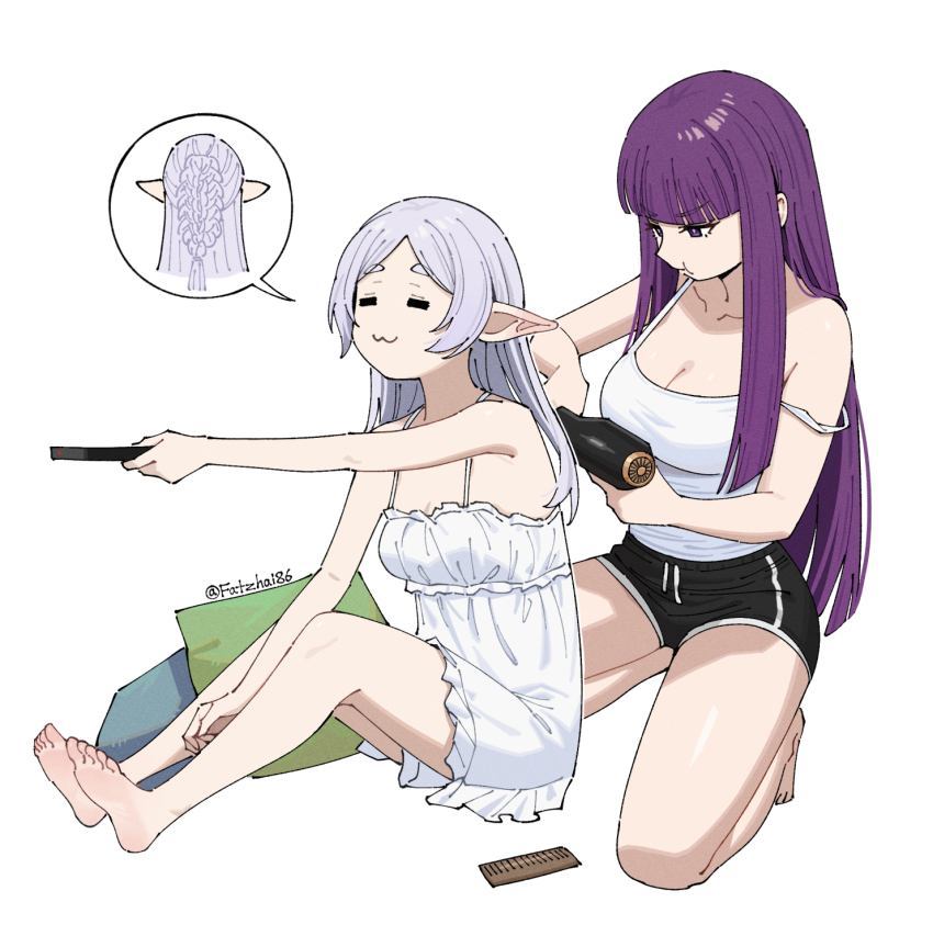 2girls =_= bare_shoulders barefoot blunt_bangs braid breasts camisole chinese_commentary cleavage commentary_request controller cushion elf fatzhai fern_(sousou_no_frieren) frieren grey_hair hair_dryer highres holding holding_hair_dryer holding_remote_control kneeling large_breasts long_hair multiple_girls parted_bangs pointy_ears pout purple_eyes purple_hair remote_control shorts sitting smile sousou_no_frieren strap_slip
