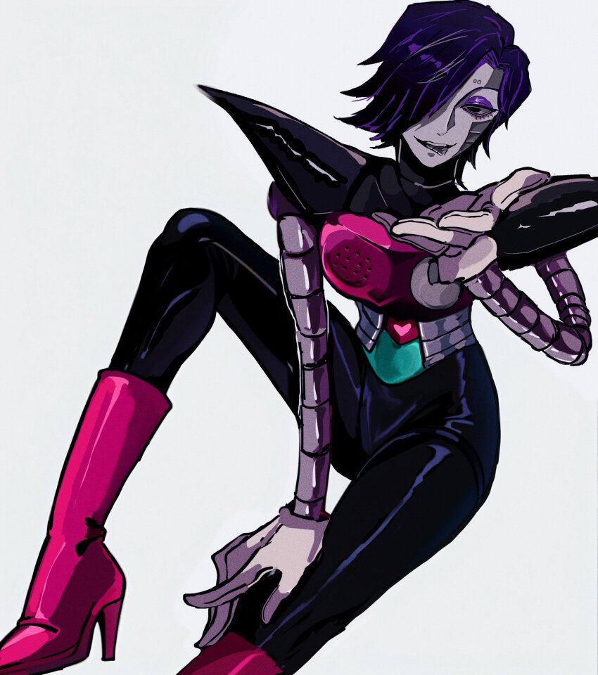 1boy android black_eyes black_hair black_pants black_tongue boots commentary_request eyeshadow fewer_digits film_grain foot_out_of_frame gloves grey_background hair_over_one_eye hand_on_own_thigh hand_up high_heel_boots high_heels highres invisible_chair knee_boots knee_up looking_at_viewer lower_eyelashes_only ma_e_zo makeup male_focus mechanical_arms mettaton mettaton_ex no_pupils one_eye_covered open_mouth pants pink_boots purple_eyeshadow reaching reaching_towards_viewer short_hair simple_background sitting smile solo teeth tongue tongue_out undertale upper_teeth_only v-shaped_eyebrows white_gloves