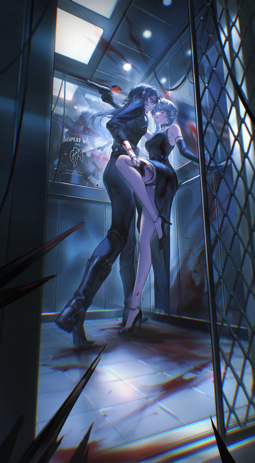 2girls black_dress black_gloves black_pants black_shirt blood blood_splatter blue_hair character_request dress elbow_gloves elevator_door feichuan02 fingerless_gloves gloves gun high_heels highres holding holding_gun holding_weapon multiple_girls pants path_to_nowhere shirt weapon yuri