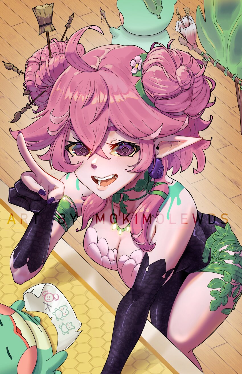 1girl absurdres ahoge ass breasts cleavage colored_sclera colored_skin drawing_(object) earrings female_focus flower frog froggyloch_(vtuber) hair_bun hair_flower hair_ornament highres indie_virtual_youtuber jewelry leaf leaf_clothing legs looking_at_viewer mokimolewds paintbrush pink_hair pink_skin purple_eyes purple_nails sidelocks smile thick_thighs thighs virtual_youtuber watermark yellow_sclera