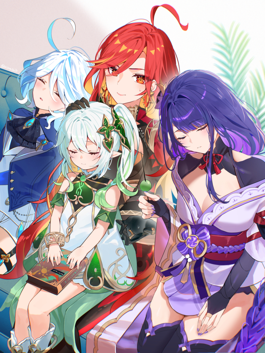 4girls ascot azna biker_clothes bikesuit black_ascot black_bodysuit black_gloves black_thighhighs blue_hair blue_jacket blush bodysuit breasts bridal_gauntlets cape cleavage closed_eyes colored_inner_hair couch cowlick dango dress earrings food furina_(genshin_impact) genshin_impact gloves gradient_hair green_cape green_hair green_sleeves hand_on_another&#039;s_head highres holding holding_food jacket japanese_clothes jewelry kimono light_blue_hair long_hair mavuika_(genshin_impact) medium_breasts mole mole_under_eye multicolored_hair multiple_girls nahida_(genshin_impact) nail_polish obi obiage obijime on_couch orange_hair orange_pupils parted_lips pointy_ears purple_hair purple_kimono raiden_shogun red_hair sanshoku_dango sash shorts side_ponytail sitting sitting_on_lap sitting_on_person sleeping small_sweatdrop sun_earrings symbol_in_eye thighhighs twitter_username vest wagashi white_dress white_hair white_shorts white_vest