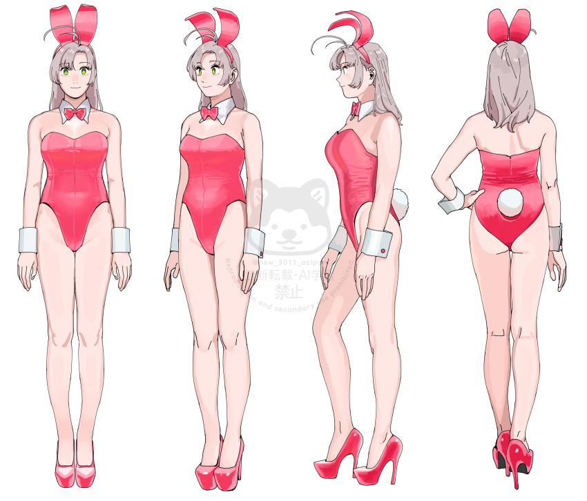 1girl absurdres alternate_costume animal_ears antenna_hair bare_legs bow bowtie breasts closed_mouth detached_collar fake_animal_ears fake_tail full_body green_eyes grey_hair hand_on_own_hip high_heels highleg highleg_leotard highres kantai_collection kinugasa_(kancolle) leotard medium_breasts multiple_views ojipon pink_bow pink_bowtie pink_leotard playboy_bunny rabbit_ears rabbit_tail simple_background standing strapless strapless_leotard tail white_background wrist_cuffs