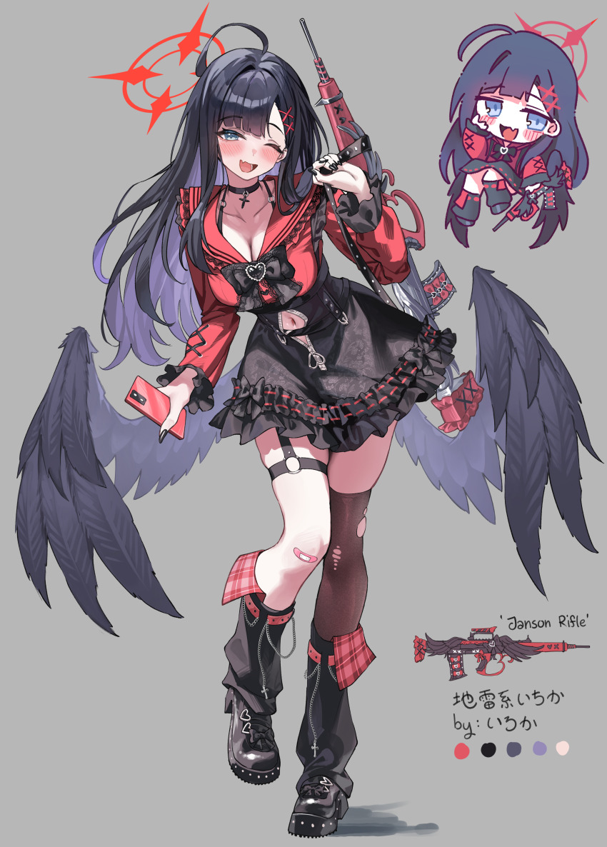 1girl absurdres ahoge alternate_costume assault_rifle bandaid bandaid_on_knee bandaid_on_leg black_choker black_hair black_nails black_skirt black_wings blue_archive blush breasts brown_thighhighs bullpup chibi chibi_inset choker cleavage clothing_cutout collarbone commentary_request elocca em-2 fang feathered_wings fingernails frilled_shirt frilled_shirt_collar frilled_skirt frilled_sleeves frills full_body grey_background grey_eyes gun hair_intakes halo highres ichika_(blue_archive) jirai_kei large_breasts long_hair long_sleeves looking_at_viewer low_wings nail_polish navel navel_cutout o-ring o-ring_thigh_strap one_eye_closed open_mouth red_halo red_shirt rifle shirt simple_background single_thighhigh skin_fang skindentation skirt smile standing thigh_strap thighhighs unusually_open_eyes weapon wings