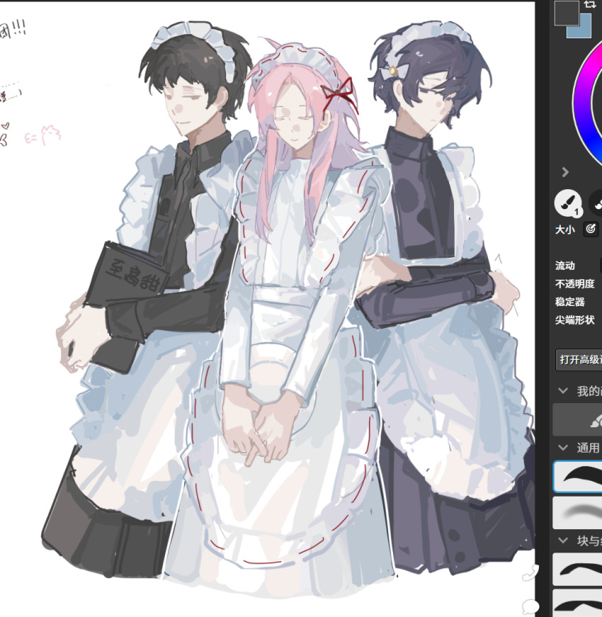 3boys alternate_costume apron art_program_in_frame black_dress black_eyes black_hair bow brown_eyes chinese_commentary chinese_text closed_mouth collared_dress commentary_request crossdressing crossed_arms dress enmaided exe-dream hair_bow hair_ribbon harada_minoru hatsutori_hajime holding holding_menu holding_plate long_sleeves magma_(medium) magma_(software) maid maid_headdress male_focus male_maid menu multiple_boys plate red_ribbon ribbon saibou_shinkyoku short_hair simple_background smile translation_request trap utsugi_noriyuki white_apron white_background white_bow white_dress