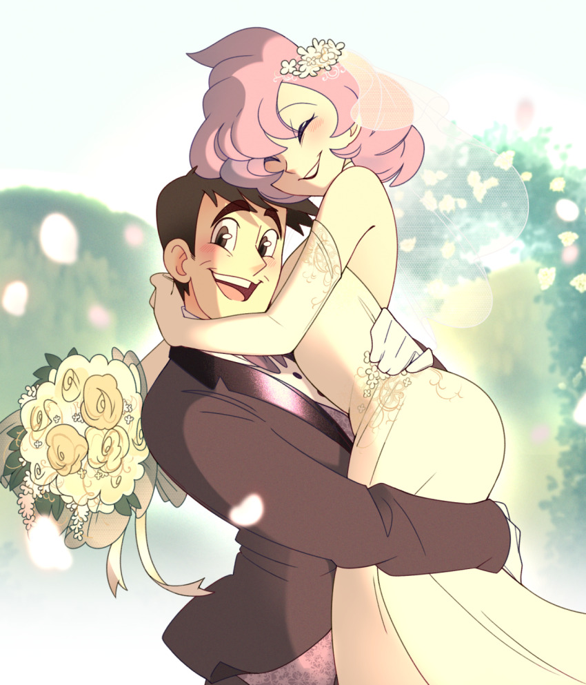 1boy 1girl :d anabel_(pokemon) bare_shoulders blush bouquet brown_eyes brown_hair buttons carrying closed_eyes commentary dress elbow_gloves flower from_side gloves grin hetero highres husband_and_wife jacket looker_(pokemon) looking_at_viewer nintendo open_mouth pink_hair pokemon pokemon_sm shirt short_hair smile teeth tongue upper_teeth_only vergolophus white_gloves white_shirt yellow_flower