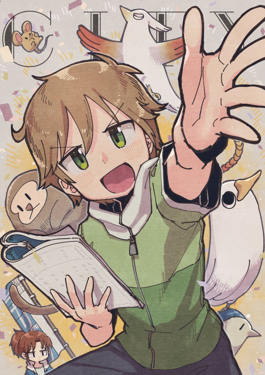 1boy 1girl bird blush brown_hair character_request city_(arawi_keiichi) highres looking_at_viewer monkey mouse_(animal) nagumo_midori open_mouth ponytail short_hair short_ponytail smile tendoshi zipper zipper_pull_tab