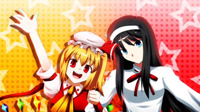 2girls ascot black_hair blonde_hair blue_eyes blush bow breasts flandre_scarlet hairband hat hat_ribbon highres long_hair long_sleeves looking_at_viewer mob_cap multiple_girls namelessblue open_mouth puffy_short_sleeves puffy_sleeves red_eyes red_hair ribbon shirt short_hair short_sleeves side_ponytail smile takeuchi_takashi_(style) tohno_akiha touhou trait_connection tsukihime very_long_hair white_hairband wings
