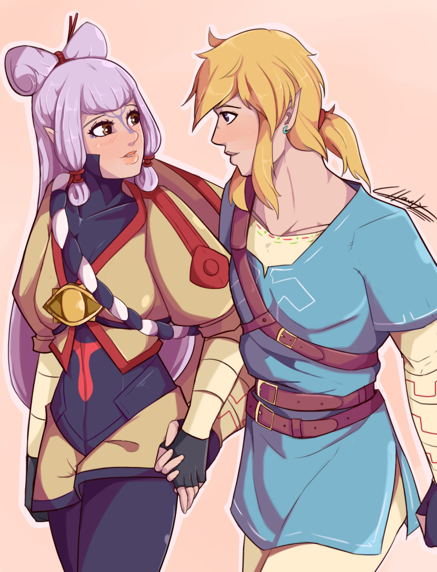 1boy 1girl blonde_hair blue_bodysuit blue_eyes blue_shirt blush bodysuit bodysuit_under_clothes brown_eyes charlyarts facial_mark forehead_mark hat_on_back highres holding_hands hyrule_warriors:_age_of_calamity impa link nintendo pointy_ears sheikah shirt shorts the_legend_of_zelda the_legend_of_zelda:_breath_of_the_wild white_hair