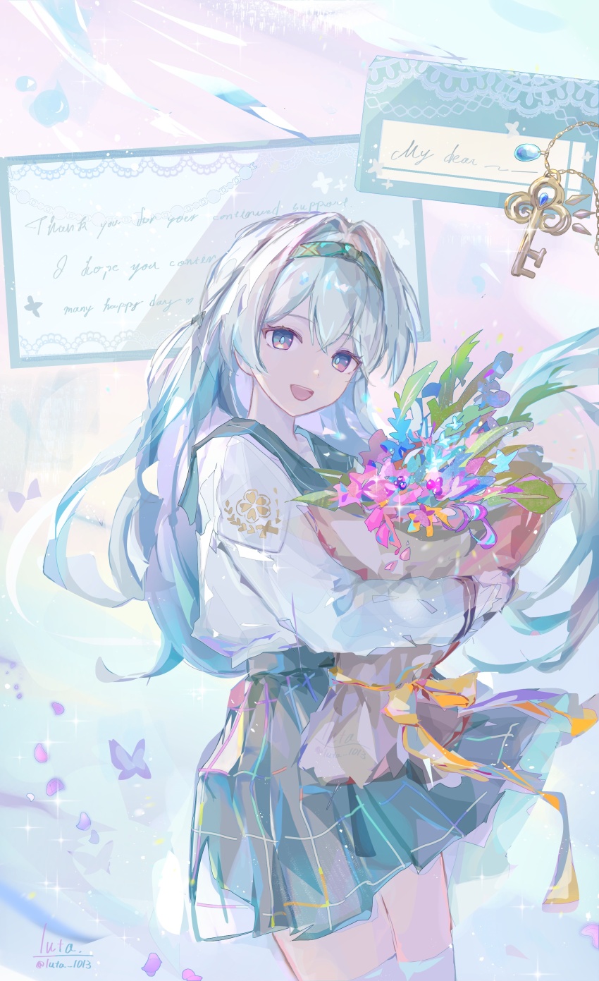 1girl absurdres bouquet checkered_clothes checkered_skirt firefly_(honkai:_star_rail) firefly_(spring_missive)_(honkai:_star_rail) flower gradient_eyes green_pupils grey_hair grey_hairband grey_sailor_collar hair_between_eyes hair_intakes hairband highres holding holding_bouquet holding_flower honkai:_star_rail honkai_(series) key letter long_hair luta_(luta_1013) multicolored_eyes open_mouth pleated_skirt sailor_collar shirt skirt smile solo teeth two-tone_eyes upper_teeth_only white_shirt