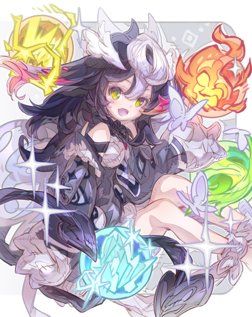1girl :d black_hair breasts commentary_request commission dress electricity fang feet_out_of_frame fire green_eyes grey_dress grey_hair grey_jacket hair_between_eyes haku_(sabosoda) highres ice jacket long_hair long_sleeves looking_at_viewer multicolored_hair off_shoulder open_clothes open_jacket open_mouth orb original skeb_commission sleeves_past_fingers sleeves_past_wrists small_breasts smile solo two-tone_hair very_long_hair wind