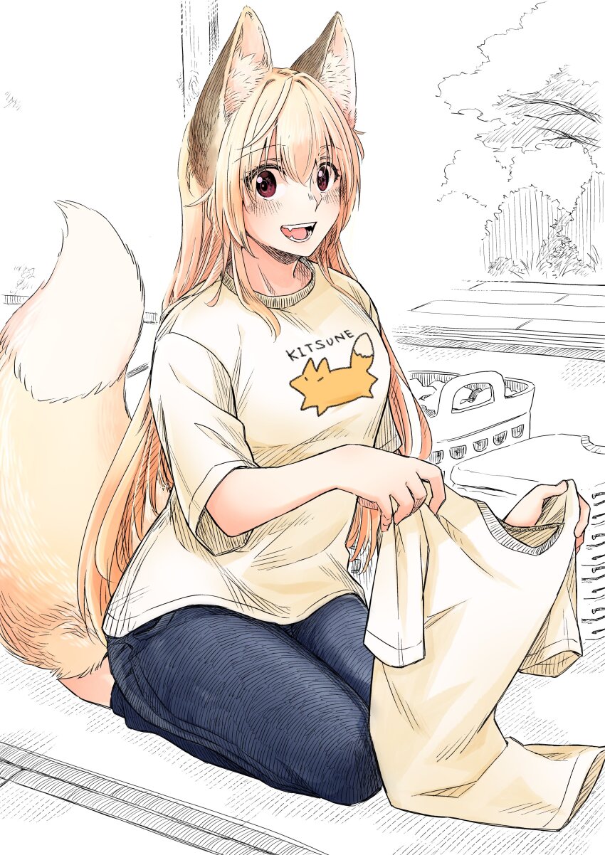 1girl absurdres animal_ear_fluff animal_ears blush breasts denim extra_ears fangs folding_clothes fox fox_ears fox_girl fox_tail hair_between_eyes highres jeans kneeling large_breasts laundry long_hair looking_at_viewer original pants shirt smile solo t-shirt tail white_hair yamanaka_ta2ki
