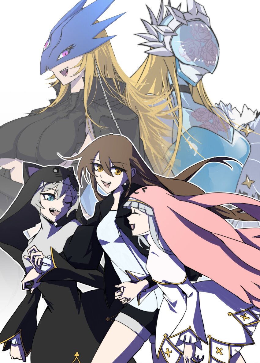 absurdres beelstarmon black_jacket black_mask blonde_hair breasts cendrillmon covered_eyes digimon digimon_(creature) eye_mask helmet helmet_over_eyes highres jacket jiyuuya large_breasts long_hair mask open_mouth simple_background sistermon_blanc sistermon_noir smile teeth third_eye underboob upper_body white_background wings