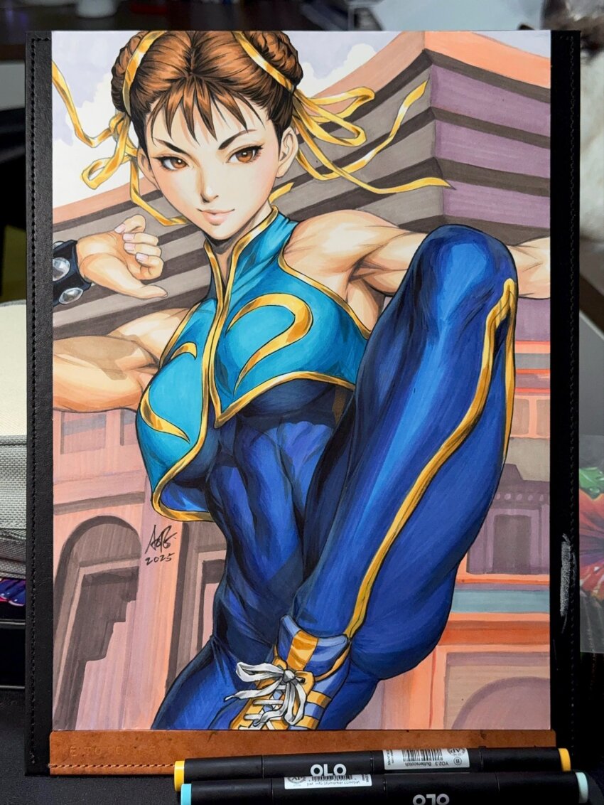 1girl bare_shoulders blue_bodysuit blue_shoes blue_theme blue_unitard bodysuit bracelet breasts brown_eyes brown_hair building capcom chinese_clothes chun-li covered_navel double_bun earrings fighting_stance hair_bun hair_ribbon highres jewelry looking_at_viewer medium_breasts multicolored_shoes ribbon shoes solo standing standing_on_one_leg stanley_lau street_fighter street_fighter_zero_(series) sweat toned toned_female two-tone_shoes unitard