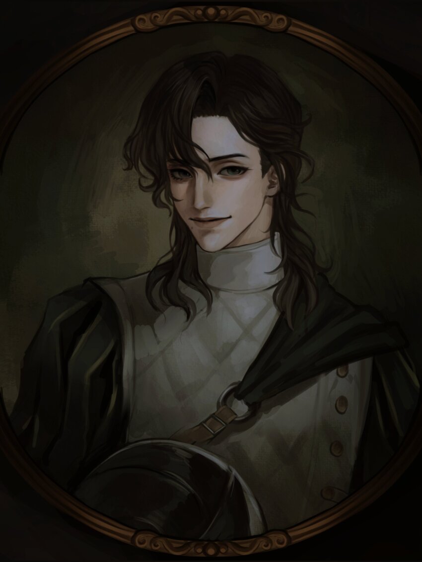 1boy absurdres black_background blue_eyes brown_hair buttons cape chest_strap chinese_commentary helm helmet heterochromia highres identity_v looking_at_viewer male_focus mole mole_under_mouth parted_bangs portrait_(object) puff_and_slash_sleeves puffy_sleeves qiu_shandai_jiayang_shu richard_sterling smile solo unworn_headwear upper_body yellow_eyes
