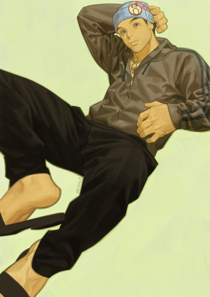 1boy ace_attorney apollo_justice:_ace_attorney beanie black_pants bulge full_body hat highres jacket looking_at_viewer lying male_focus mature_male mr_kasuy official_alternate_costume on_back pants partially_unzipped phoenix_wright sandals short_hair sideburns solo track_jacket