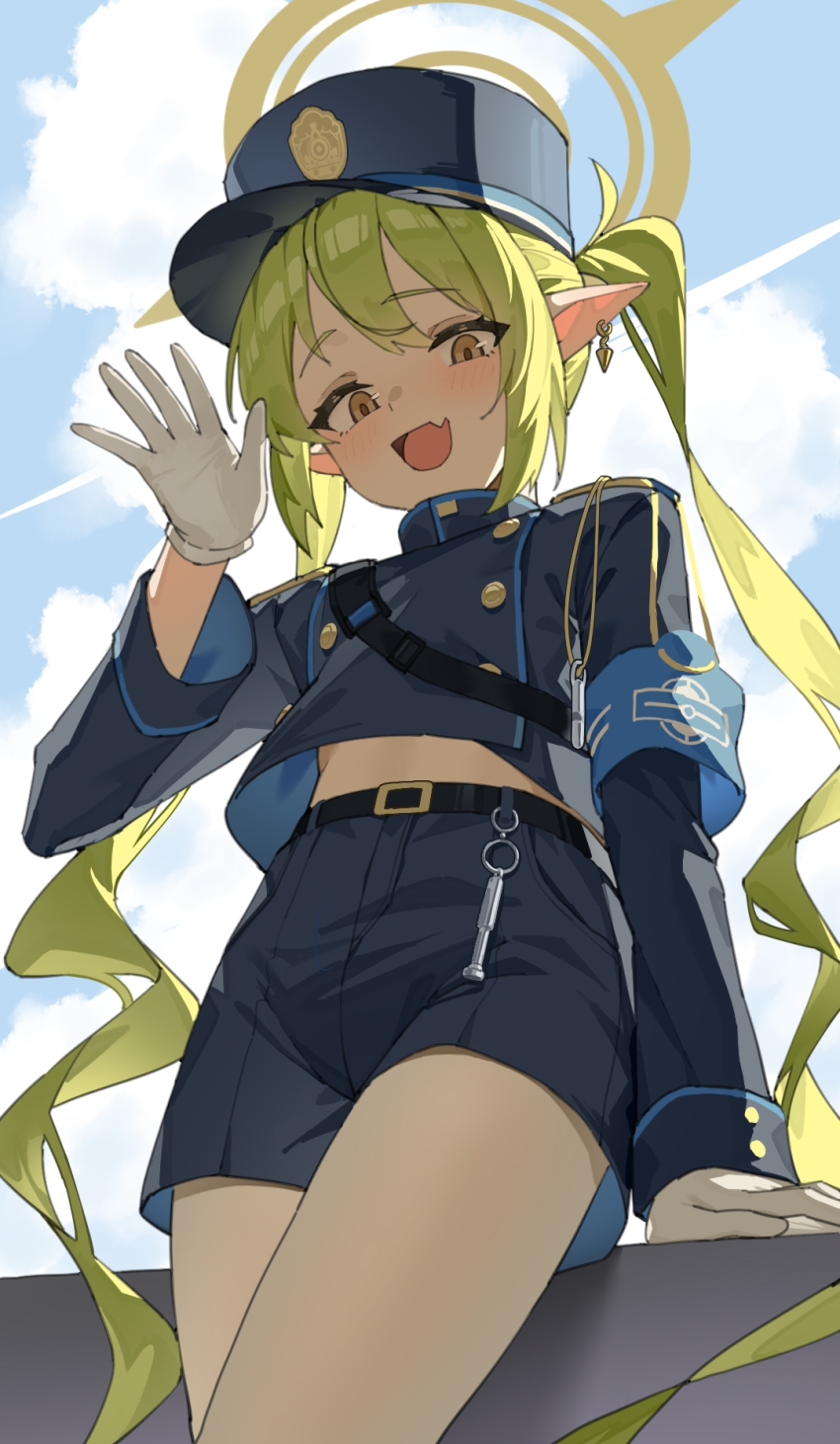1girl :d arm_support armband backpack bag belt belt_buckle black_belt blue_archive blue_armband blue_hat blue_jacket blue_shorts buckle buttoned_cuffs buttons charm_(object) chinese_commentary cloud cloudy_sky commentary_request cowboy_shot cropped_jacket day dot_nose double-breasted earrings fang from_below gloves green_hair hair_between_eyes halo hand_up hat highres jacket jewelry light_blush long_hair long_pointy_ears long_sleeves looking_at_viewer looking_down midriff_peek multi-source_commentary nozomi_(blue_archive) open_hand open_mouth outdoors peaked_cap pointy_ears raised_inner_eyebrows shade shi_ling_fangcheng short_shorts shorts sidelighting sidelocks skin_fang sky sleeve_cuffs smile solo twintails very_long_hair waving wavy_hair white_gloves yellow_eyes yellow_halo