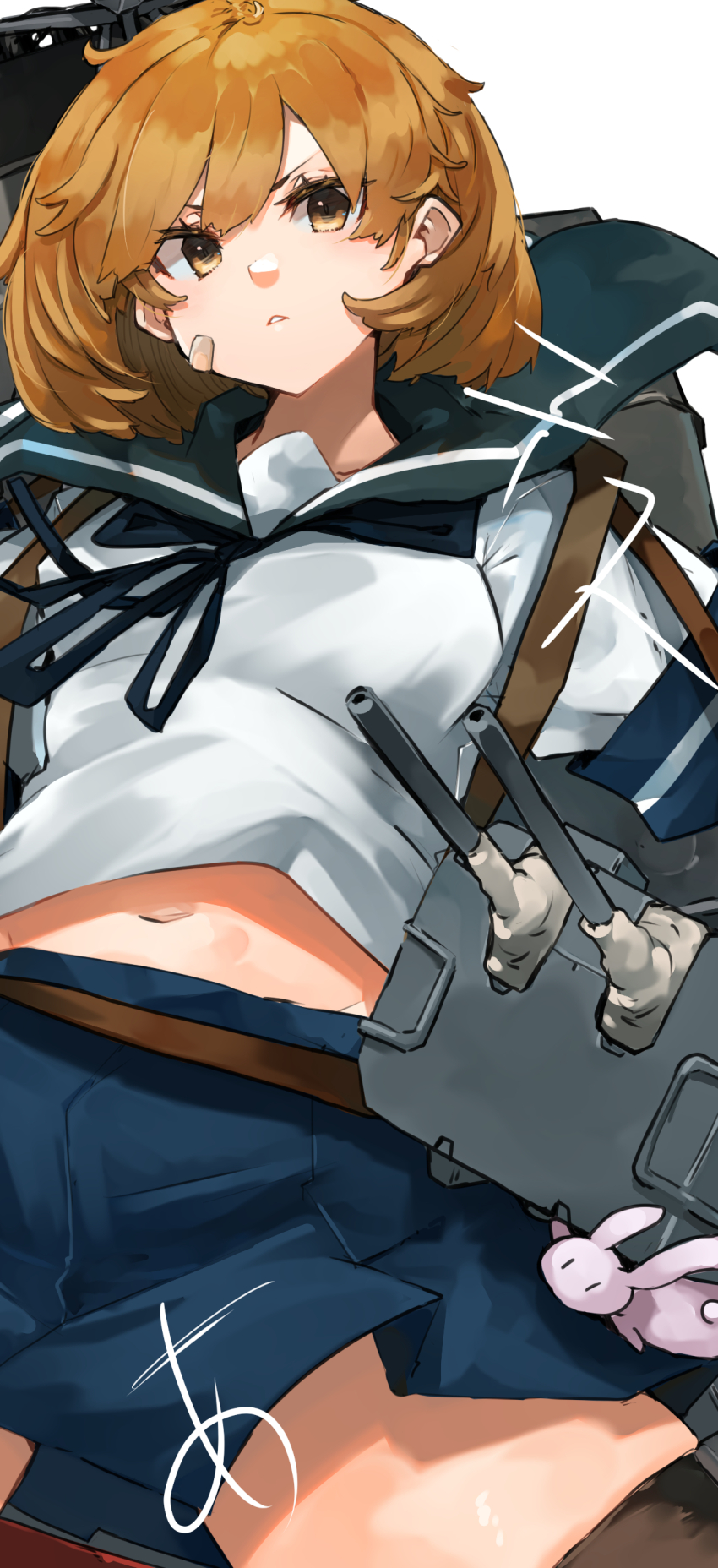 1girl absurdres adapted_turret bandaid bandaid_on_face blue_skirt blush breasts brown_eyes brown_hair cannon hair_ornament highres kantai_collection looking_at_viewer machinery oboro_(kancolle) rabbit rigging school_uniform serafuku ship_turret shirt short_hair signature skirt small_breasts smokestack sunday_aki white_background white_shirt