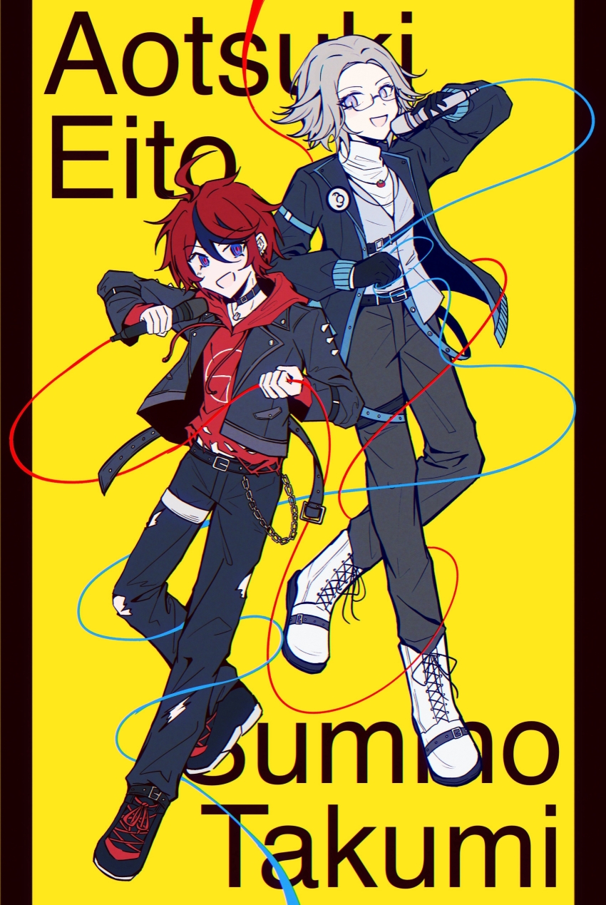 2boys :d absurdres ahoge alternate_costume aotsuki_eito belt black_belt black_collar black_gloves black_jacket black_pants black_shoes black_streaks blue_eyes cable character_name chinese_commentary collar cropped_jacket full_body glasses gloves grey_hair grey_pants highres holding holding_cable holding_microphone hood hoodie jacket jacket_over_hoodie jewelry looking_at_viewer male_focus microphone mizongwenwu multicolored_hair multiple_boys necklace open_mouth pants pillarboxed purple_eyes red_hair shirt shoes short_hair simple_background smile streaked_hair sumino_takumi the_hundred_line_-last_defense_academy- torn_clothes torn_hoodie torn_pants tower_records white_shirt yellow_background