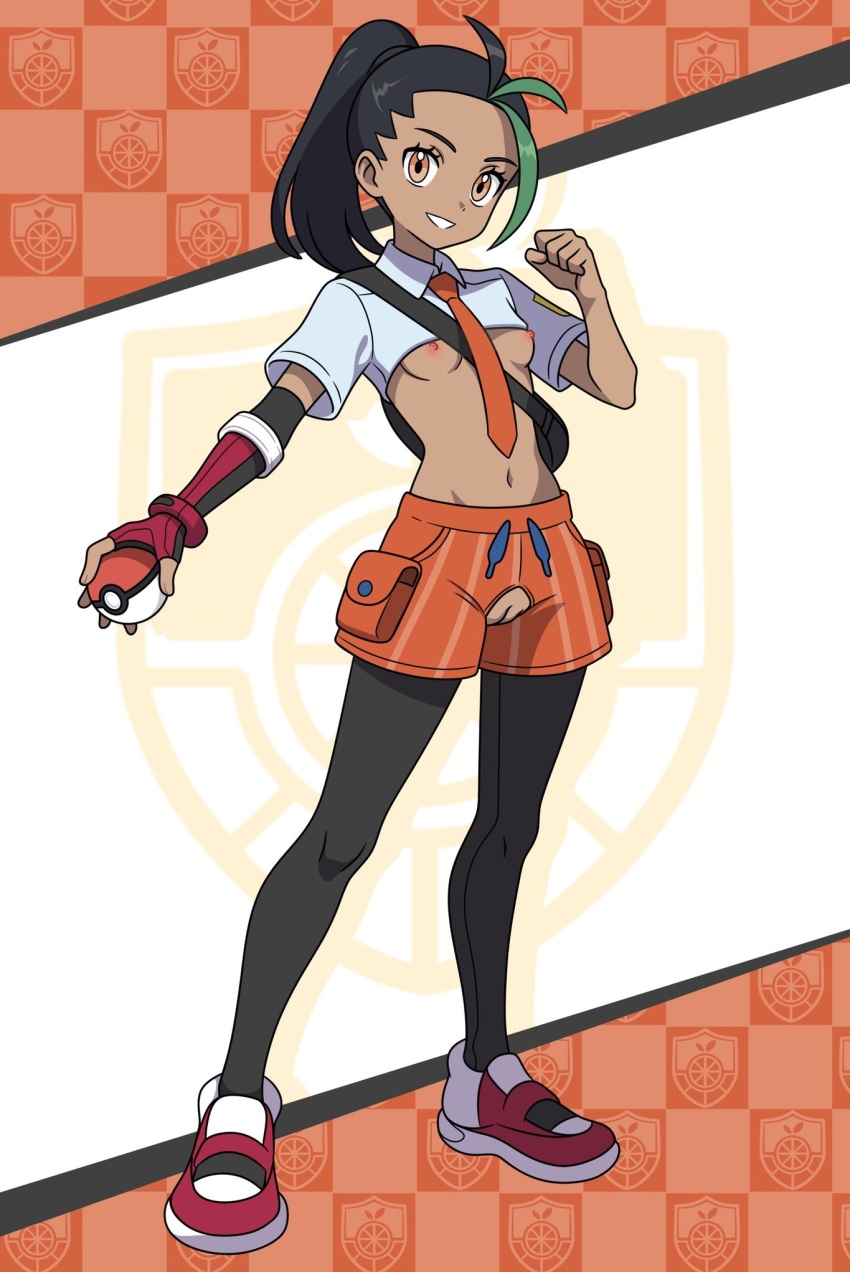 1girl adapted_costume ahoge bag between_breasts black_bag black_hair black_pantyhose breasts cleft_of_venus clothing_cutout crop_top crotch_cutout dark-skinned_female dark_skin female_focus full_body functionally_nude gloves green_hair grin handbag highres holding holding_poke_ball hoshi_wo_miru long_hair looking_at_viewer multicolored_hair naranja_academy_school_uniform necktie necktie_between_breasts nemona_(pokemon) nintendo nipples no_bra no_panties orange_eyes orange_necktie orange_shorts pantyhose poke_ball poke_ball_(basic) pokemon pokemon_sv ponytail pussy revealing_clothes shoes shorts single_glove small_breasts smile solo standing teeth third-party_edit two-tone_hair uncensored white_shoes