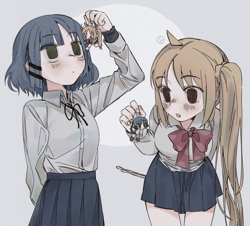 &gt;_&lt; 4girls :o absurdres ahoge black_ribbon blonde_hair blue_hair blue_skirt bocchi_the_rock! bow bowtie breasts brown_eyes closed_mouth collared_shirt commentary cowboy_shot d: dual_persona dx green_eyes grey_background hair_ornament hairclip hashtag-only_commentary highres holding holding_mini_person ijichi_nijika kimiso0129 leaning_forward long_hair long_sleeves medium_breasts mini_person minigirl miniskirt mole mole_under_eye multiple_girls neck_ribbon open_mouth pleated_skirt ponytail_with_braided_base red_bow red_bowtie ribbon school_uniform shimokitazawa_high_school_uniform shirt short_hair side_ponytail sidelocks skirt very_long_hair white_shirt yamada_ryo
