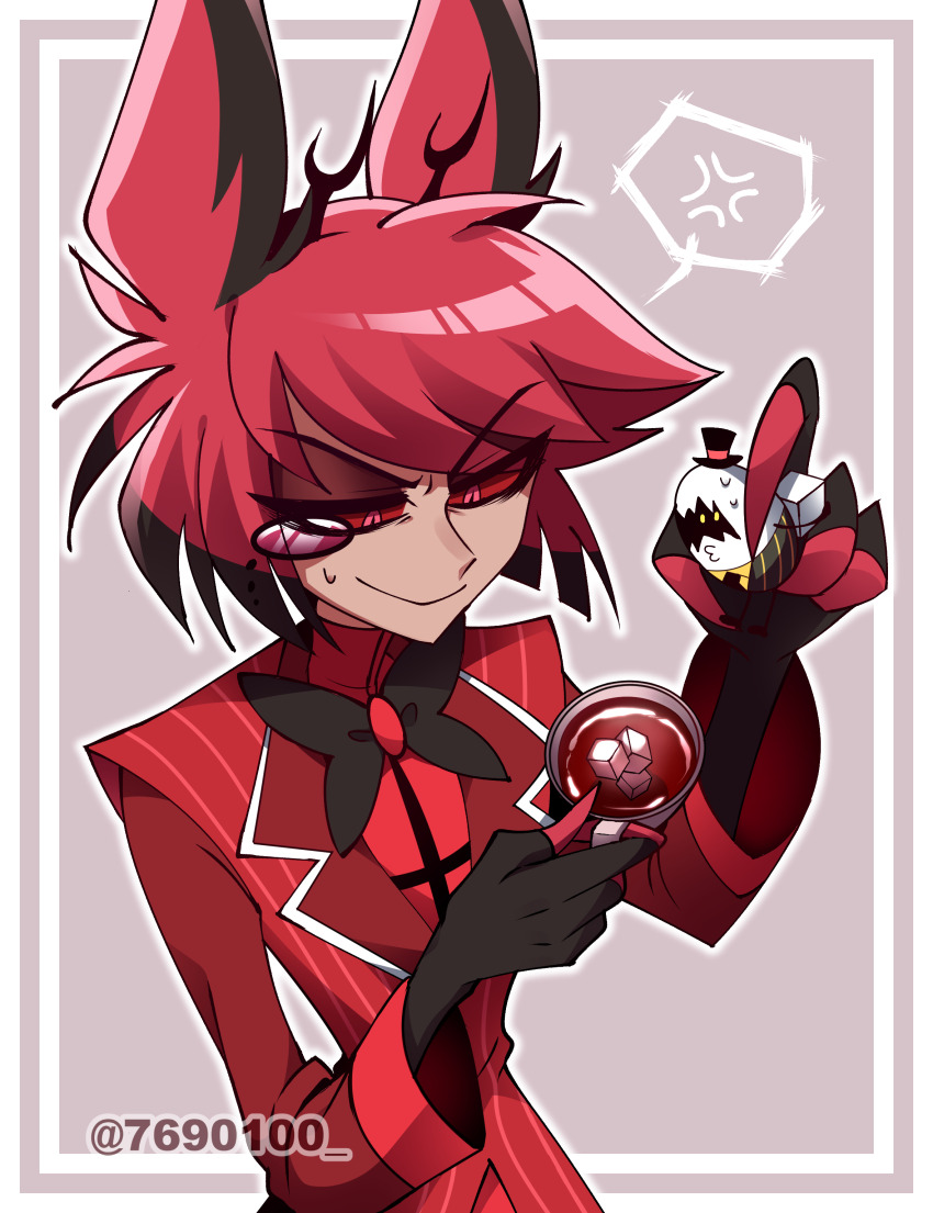 1boy absurdres alastor_(hazbin_hotel) anger_vein animal_ears antlers arm_up black_bow black_bowtie black_hair black_hat bob_cut bow bowtie brooch brown_eyeshadow closed_mouth coat colored_sclera colored_tips commentary_request cup deer_antlers deer_boy deer_ears egg egg_bois fewer_digits from_above grey_background half-closed_eyes hand_up hat hazbin_hotel hellaverse highres holding holding_cup holding_egg horns ice ice_cube inset_border jewelry long_sleeves looking_at_object male_focus menattou monocle multicolored_hair outline red_coat red_eyes red_hair red_sclera red_shirt shirt short_hair simple_background smile solo spoken_anger_vein striped_coat sweat sweatdrop swept_bangs top_hat traditional_bowtie turtleneck turtleneck_shirt twitter_username upper_body v-shaped_eyebrows vertical-striped_coat white_outline