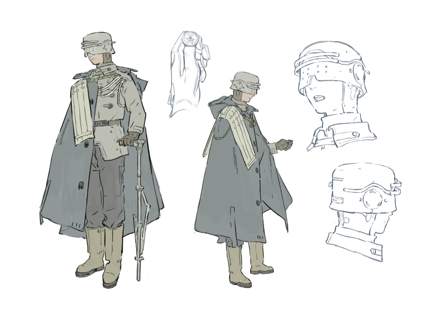 1boy absurdres belt black_belt black_gloves black_pants blue_coat boots brown_footwear buttons cane reference_sheet chenrong96 closed_mouth coat coat_partially_removed coin collared_coat collared_jacket covered_eyes expressionless gloves grey_helmet grey_jacket helmet high_collar highres holding holding_cane holding_coin jacket lapels long_sleeves male_focus military_uniform multiple_views notched_lapels open_mouth original pants partially_colored simple_background single_stripe soldier standing striped_belt teeth white_background