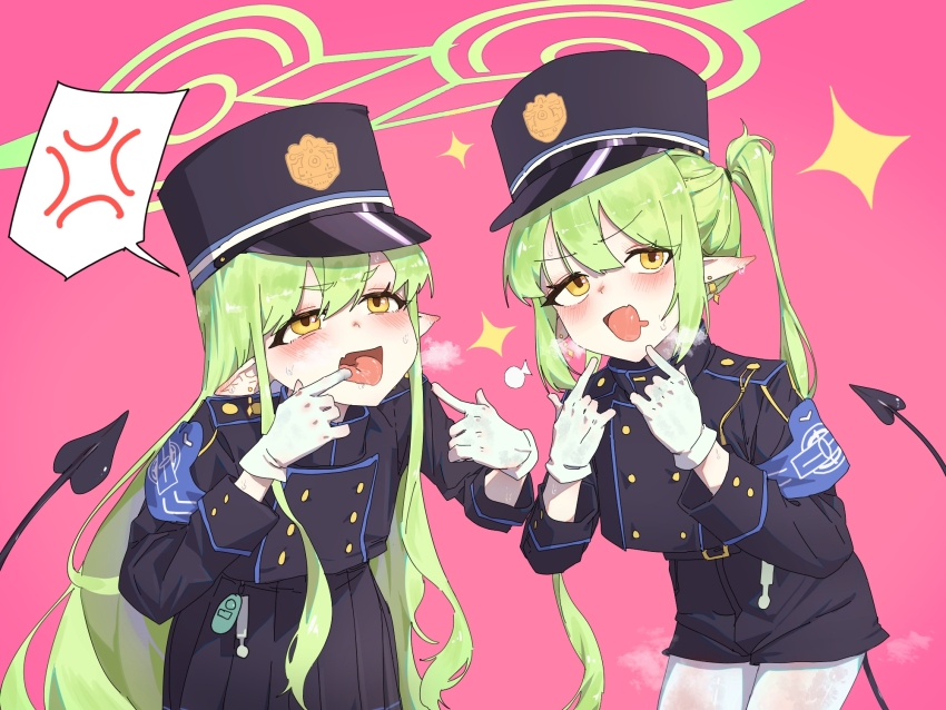 2girls anger_vein belt black_hat black_jacket black_shorts black_skirt blue_archive blush buttons demon_girl demon_tail gloves green_halo halo hat highres hikari_(blue_archive) ilyowal jacket multiple_girls nozomi_(blue_archive) open_mouth pantyhose pink_background pointy_ears shorts simple_background skirt sparkle spoken_anger_vein standing steam_from_mouth tail tongue tongue_out upper_body white_gloves white_pantyhose