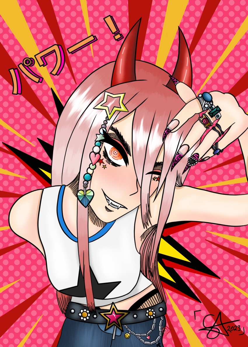 1girl belt blood_devil_(chainsaw_man) chainsaw_man claws colorful cross-shaped_pupils demon demon_girl demon_horns denim fangs fashion fingernails gal grin gyaru hair_between_eyes hair_ornament heart heart_hair_ornament highres horns jeans jewelry long_hair looking_at_viewer makeup non-web_source orange_eyes pants pink_background pink_hair polka_dot pop_art power_(chainsaw_man) red_horns sharp_fingernails sharp_teeth smile star_(symbol) star_hair_ornament symbol-shaped_pupils tank_top teeth
