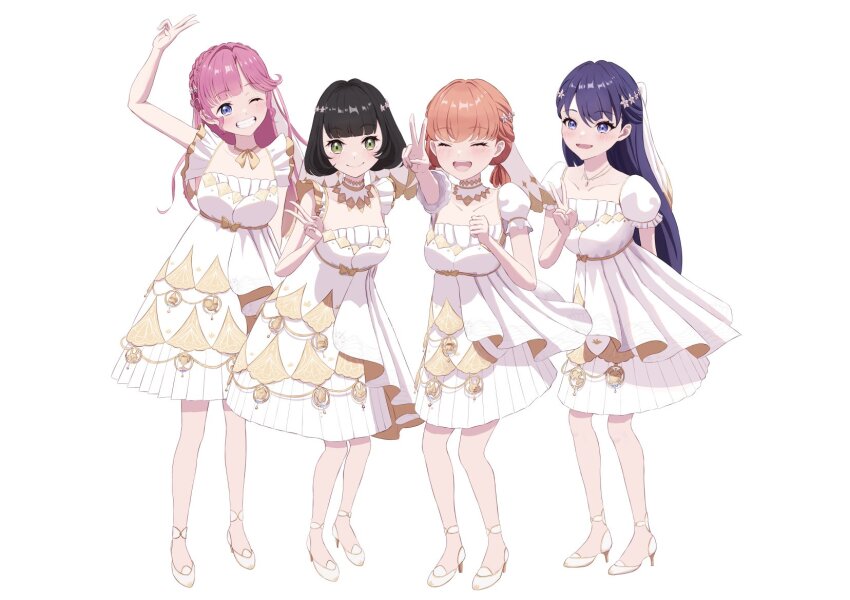 4girls 4th_live_dream_~bloom_the_dream_believers~ :d anyoji_hime arm_up blonde_hair blue_eyes blue_hair blunt_bangs blush bob_cut braid breasts center-flap_bangs closed_mouth collarbone commentary_request crown_braid dress flower_stand_art full_body gradient_hair green_eyes hair_rings half_updo high_heels highres hinoshita_kaho itsudemo_itsumademo_(love_live!) large_breasts link!_like!_love_live! looking_at_viewer love_live! medium_breasts momose_ginko multicolored_hair multiple_girls murano_sayaka official_alternate_costume official_alternate_hairstyle open_mouth pink_hair puffy_short_sleeves puffy_sleeves shoes short_hair short_sleeves simple_background sleeveless sleeveless_dress smile split_mouth standing stiletto_heels v virtual_youtuber wachida_01d white_background white_shoes