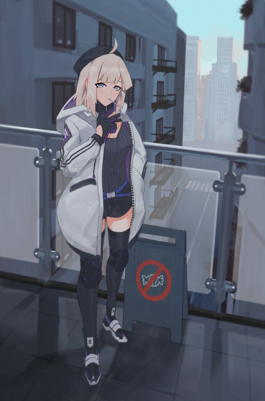 1girl aa-12_(girls&#039;_frontline) absurdres ahoge black_gloves black_hat black_shorts black_thighhighs building candy closed_mouth commentary english_commentary food food_in_mouth full_body girls&#039;_frontline gloves hand_in_pocket hand_up hat highres hood hooded_jacket jacket knee_pads light_brown_hair lollipop looking_at_viewer open_clothes open_jacket short_hair shorts sign solo standing thighhighs variasii w white_jacket