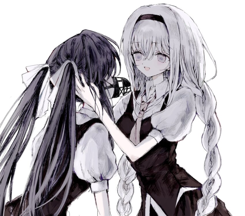 2girls :d black_hair black_skirt black_vest bow braid collared_shirt hair_between_eyes hair_bow hairband hand_on_another&#039;s_head highres hikawa_rina kawachino_yuumi long_hair looking_at_another low_twin_braids multiple_girls muted_color muzzle_(mask) necktie open_mouth pleated_skirt puffy_short_sleeves puffy_sleeves red_necktie sakura_no_uta school_uniform shirt short_sleeves simple_background skirt smile standing twin_braids twintails very_long_hair vest white_background white_eyes white_hair white_shirt yuri yuyuyuyhz